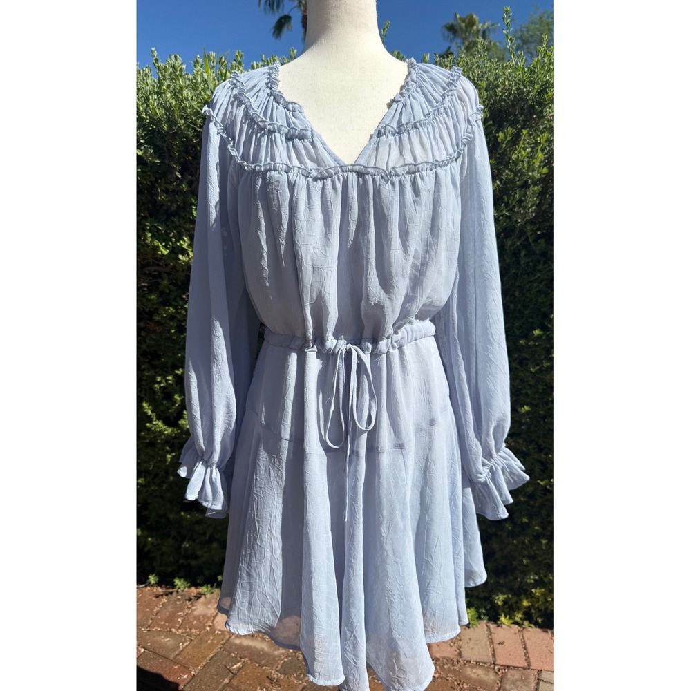 Entro Light Blue Ruffle V-Neck Crinkle Mini Dress Long Sleeve L Peasant Cottage
